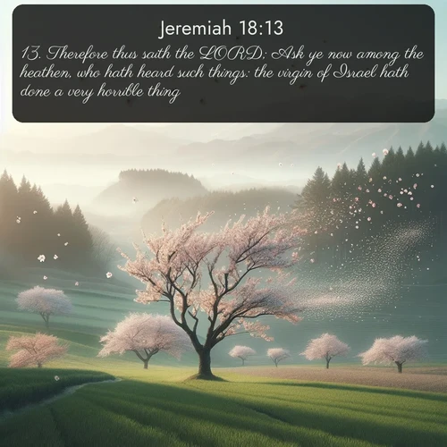 citation biblique : 13. Therefore thus saith the LORD; Ask ye now among the heathen, who hath heard such things: the virgin of Israel hath done a very horrible thing.
 sur fond image nature