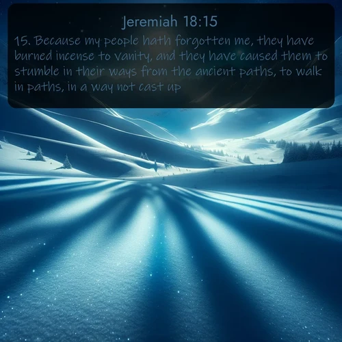 citation biblique : 15. Because my people hath forgotten me, they have burned incense to vanity, and they have caused them to stumble in their ways from the ancient paths, to walk in paths, in a way not cast up;
 sur fond image nature