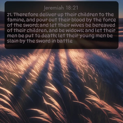 KJV Jeremiah  ; image nature: image with the bible verse :Therefore deliver up their children to the famine, and pour out their blood by the force of the sword; and let their wives be bereaved of their children, and be widows; and let their men be put to death; let their young men be slain by the sword in battle. ; Dive into our collection of Bible verse images combined with sublime nature photos, such as graceful waterfalls, radiant sunsets, and endless meadows. These compositions highlight the peace and harmony of God&#039;s creation with vivid colors and carefully integrated text. Download and share verses like KJV Jeremiah 18:21. Current verse is overlayed with the thematic nature scene : Summer breeze ripples through fields of prairie grass. ; 18:21