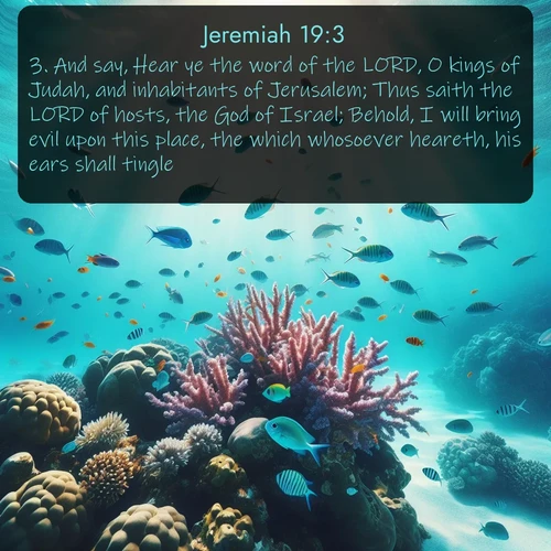 citation biblique : 3. And say, Hear ye the word of the LORD, O kings of Judah, and inhabitants of Jerusalem; Thus saith the LORD of hosts, the God of Israel; Behold, I will bring evil upon this place, the which whosoever heareth, his ears shall tingle.
 sur fond image nature