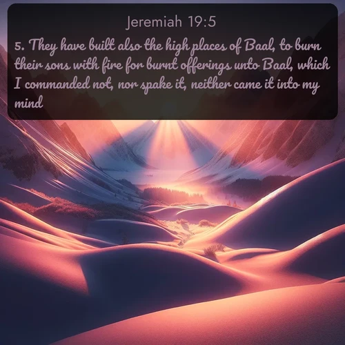 KJV Jeremiah  ; image nature: image with the bible verse :They have built also the high places of Baal, to burn their sons with fire for burnt offerings unto Baal, which I commanded not, nor spake it, neither came it into my mind: ; Discover Bible images capturing the essence of autumn, with wooded paths, golden fields, and swirling leaves. These scenes reflect the changing beauty of God&#039;s creation. Download verses like KJV Jeremiah 19:5. Current verse is overlayed with the thematic nature scene : Winter sunset paints snow-covered peaks in shades of rose and gold. ; 19:5