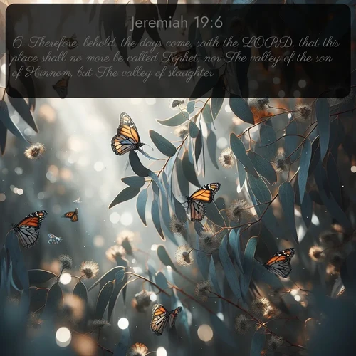 citation biblique : 6. Therefore, behold, the days come, saith the LORD, that this place shall no more be called Tophet, nor The valley of the son of Hinnom, but The valley of slaughter.
 sur fond image nature