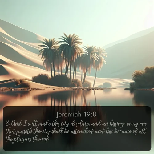 citation biblique : 8. And I will make this city desolate, and an hissing; every one that passeth thereby shall be astonished and hiss because of all the plagues thereof.
 sur fond image nature