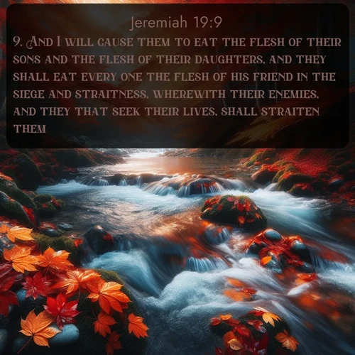 citation biblique : 9. And I will cause them to eat the flesh of their sons and the flesh of their daughters, and they shall eat every one the flesh of his friend in the siege and straitness, wherewith their enemies, and they that seek their lives, shall straiten them.
 sur fond image nature