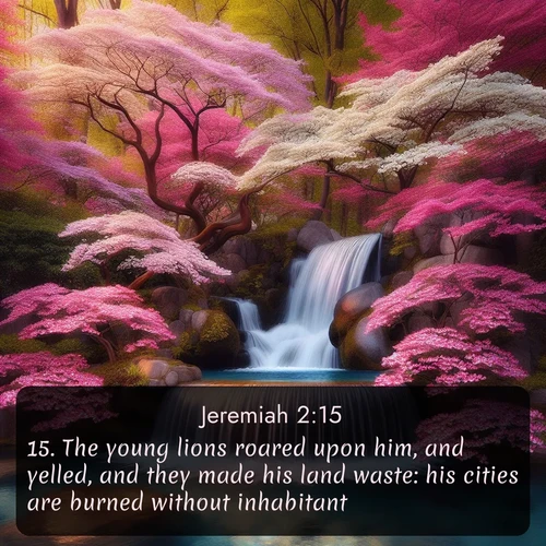 citation biblique : 15. The young lions roared upon him, and yelled, and they made his land waste: his cities are burned without inhabitant.
 sur fond image nature