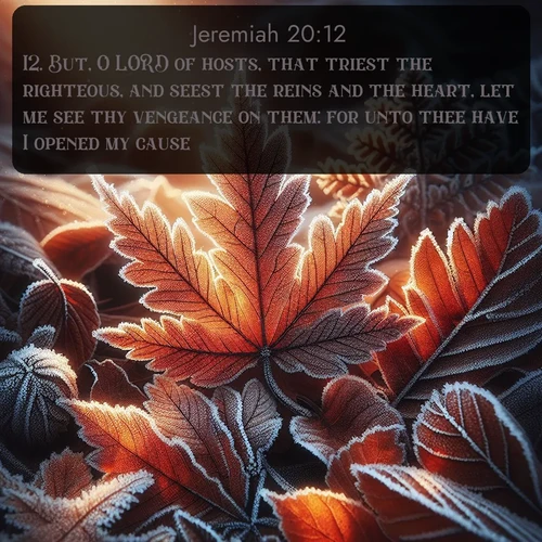 citation biblique : 12. But, O LORD of hosts, that triest the righteous, and seest the reins and the heart, let me see thy vengeance on them: for unto thee have I opened my cause.
 sur fond image nature
