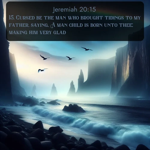 citation biblique : 15. Cursed be the man who brought tidings to my father, saying, A man child is born unto thee; making him very glad.
 sur fond image nature