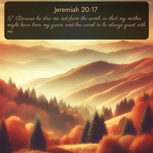 KJV Jeremiah  ; image nature: image with the bible verse :Because he slew me not from the womb; or that my mother might have been my grave, and her womb to be always great with me. ; Discover a unique collection of Bible verses adorned with winter landscapes, such as snow-covered forests, gently falling snowflakes, and pristine mountains. These images evoke the peace and purity of God&#039;s creation. Share verses like KJV Jeremiah 20:17. Current verse is overlayed with the thematic nature scene : Autumn colors paint hillsides in warm earth tones. ; 20:17