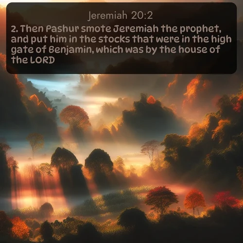 citation biblique : 2. Then Pashur smote Jeremiah the prophet, and put him in the stocks that were in the high gate of Benjamin, which was by the house of the LORD.
 sur fond image nature