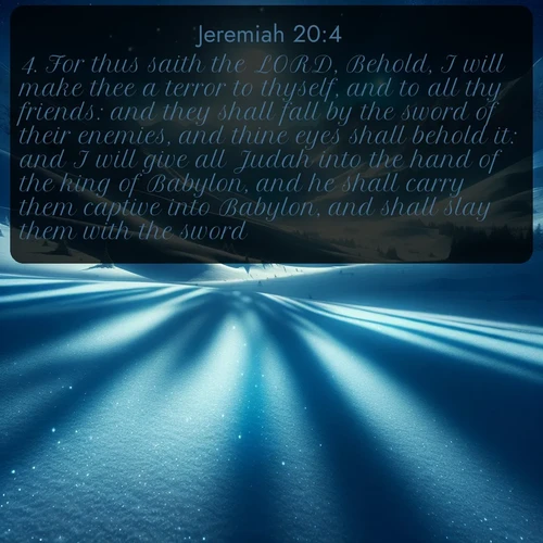 citation biblique : 4. For thus saith the LORD, Behold, I will make thee a terror to thyself, and to all thy friends: and they shall fall by the sword of their enemies, and thine eyes shall behold it: and I will give all Judah into the hand of the king of Babylon, and he shall carry them captive into Babylon, and shall slay them with the sword.
 sur fond image nature