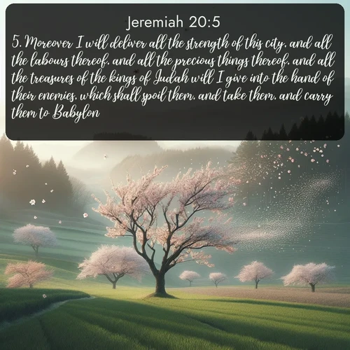 citation biblique : 5. Moreover I will deliver all the strength of this city, and all the labours thereof, and all the precious things thereof, and all the treasures of the kings of Judah will I give into the hand of their enemies, which shall spoil them, and take them, and carry them to Babylon.
 sur fond image nature