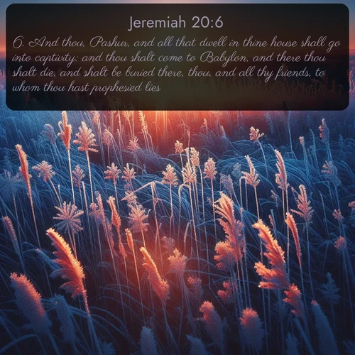 citation biblique : 6. And thou, Pashur, and all that dwell in thine house shall go into captivity: and thou shalt come to Babylon, and there thou shalt die, and shalt be buried there, thou, and all thy friends, to whom thou hast prophesied lies.
 sur fond image nature