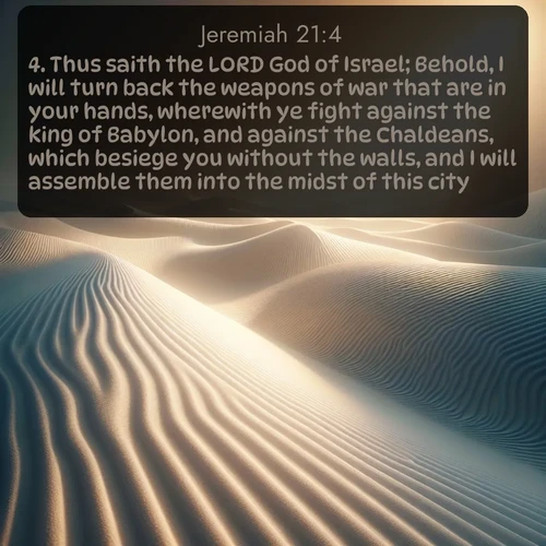 citation biblique : 4. Thus saith the LORD God of Israel; Behold, I will turn back the weapons of war that are in your hands, wherewith ye fight against the king of Babylon, and against the Chaldeans, which besiege you without the walls, and I will assemble them into the midst of this city.
 sur fond image nature
