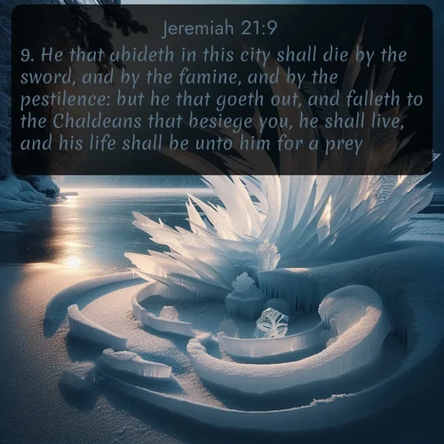 citation biblique : 9. He that abideth in this city shall die by the sword, and by the famine, and by the pestilence: but he that goeth out, and falleth to the Chaldeans that besiege you, he shall live, and his life shall be unto him for a prey.
 sur fond image nature