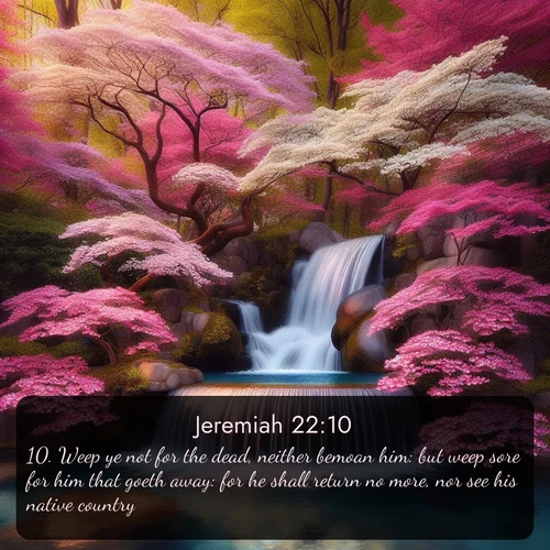 KJV Jeremiah  ; image nature: image with the bible verse :Weep ye not for the dead, neither bemoan him: but weep sore for him that goeth away: for he shall return no more, nor see his native country. ; Explore a gallery of beautiful Bible verse images with tranquil natural settings—perfect for phone backgrounds or inspirational posts. Download your favorite verses like KJV Jeremiah 22:10 today. Current verse is overlayed with the thematic nature scene : A spring cascade plunges into a pool surrounded by flowering dogwood. ; 22:10