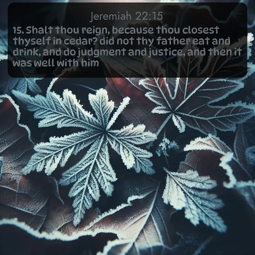 KJV Jeremiah  ; image nature: image with the bible verse :Shalt thou reign, because thou closest thyself in cedar? did not thy father eat and drink, and do judgment and justice, and then it was well with him? ; Explore winter-themed Bible verse images illustrated by snowy mountains, frost-covered branches, and clear skies. These landscapes reflect divine purity and peace. Download verses like KJV Jeremiah 22:15. Current verse is overlayed with the thematic nature scene : Winter frost creates delicate patterns on fallen leaves. ; 22:15