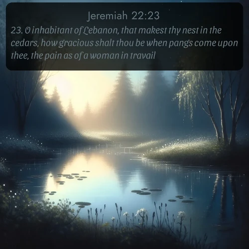 citation biblique : 23. O inhabitant of Lebanon, that makest thy nest in the cedars, how gracious shalt thou be when pangs come upon thee, the pain as of a woman in travail!
 sur fond image nature