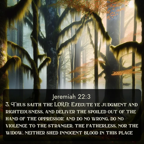 KJV Jeremiah  ; image nature: image with the bible verse :Thus saith the LORD; Execute ye judgment and righteousness, and deliver the spoiled out of the hand of the oppressor: and do no wrong, do no violence to the stranger, the fatherless, nor the widow, neither shed innocent blood in this place. ; Explore a collection of inspiring Bible verse images accompanied by winter photos, such as snowy landscapes, frosted trees, and frozen lakes. These images reflect the peace and purity of God&#039;s creation, with elegant fonts and luminous colors. Download and share verses like KJV Jeremiah 22:3. Current verse is overlayed with the thematic nature scene : Autumn fog shrouds an old-growth forest draped in moss and lichen. ; 22:3