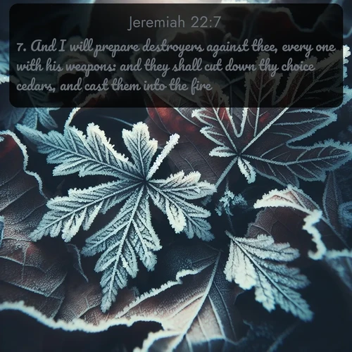 citation biblique : 7. And I will prepare destroyers against thee, every one with his weapons: and they shall cut down thy choice cedars, and cast them into the fire.
 sur fond image nature