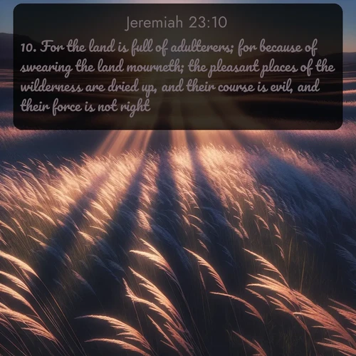 citation biblique : 10. For the land is full of adulterers; for because of swearing the land mourneth; the pleasant places of the wilderness are dried up, and their course is evil, and their force is not right.
 sur fond image nature