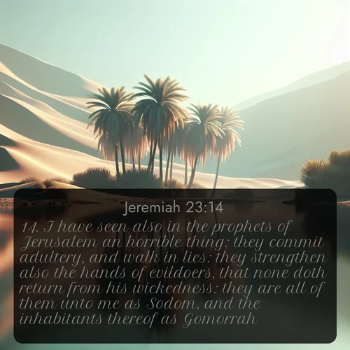 KJV Jeremiah  ; image nature: image with the bible verse :I have seen also in the prophets of Jerusalem an horrible thing: they commit adultery, and walk in lies: they strengthen also the hands of evildoers, that none doth return from his wickedness: they are all of them unto me as Sodom, and the inhabitants thereof as Gomorrah. ; Explore an exceptional collection of Bible verse images accompanied by photos of nature, showcasing snowy mountains, serene forests, and still lakes. These images feature luminous tones and varied fonts to bring serenity and inspiration. Share uplifting verses like KJV Jeremiah 23:14. Current verse is overlayed with the thematic nature scene : A desert oasis shimmers in the midday heat, palm fronds rustling above still waters. ; 23:14