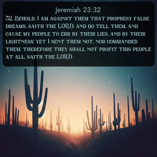 citation biblique : 32. Behold, I am against them that prophesy false dreams, saith the LORD, and do tell them, and cause my people to err by their lies, and by their lightness; yet I sent them not, nor commanded them: therefore they shall not profit this people at all, saith the LORD.
 sur fond image nature