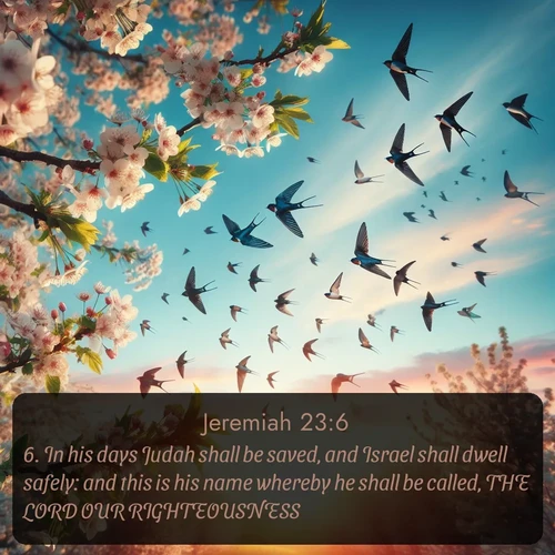 citation biblique : 6. In his days Judah shall be saved, and Israel shall dwell safely: and this is his name whereby he shall be called, THE LORD OUR RIGHTEOUSNESS.
 sur fond image nature