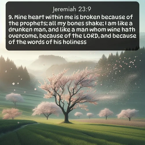 citation biblique : 9. Mine heart within me is broken because of the prophets; all my bones shake; I am like a drunken man, and like a man whom wine hath overcome, because of the LORD, and because of the words of his holiness.
 sur fond image nature