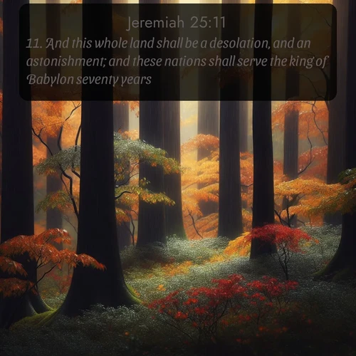 KJV Jeremiah  ; image nature: image with the bible verse :And this whole land shall be a desolation, and an astonishment; and these nations shall serve the king of Babylon seventy years. ; Discover a unique collection of Bible verses adorned with winter landscapes, such as snow-covered forests, gently falling snowflakes, and pristine mountains. These images evoke the peace and purity of God&#039;s creation. Share verses like KJV Jeremiah 25:11. Current verse is overlayed with the thematic nature scene : Autumn rain darkens tree trunks in the forest. ; 25:11