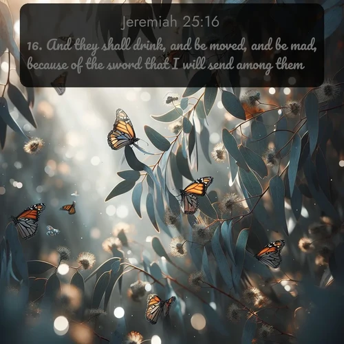 citation biblique : 16. And they shall drink, and be moved, and be mad, because of the sword that I will send among them.
 sur fond image nature