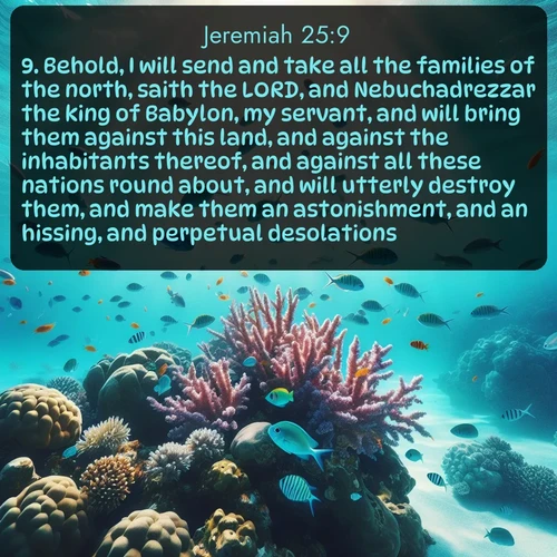 citation biblique : 9. Behold, I will send and take all the families of the north, saith the LORD, and Nebuchadrezzar the king of Babylon, my servant, and will bring them against this land, and against the inhabitants thereof, and against all these nations round about, and will utterly destroy them, and make them an astonishment, and an hissing, and perpetual desolations.
 sur fond image nature