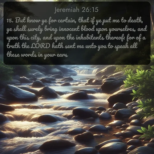 citation biblique : 15. But know ye for certain, that if ye put me to death, ye shall surely bring innocent blood upon yourselves, and upon this city, and upon the inhabitants thereof: for of a truth the LORD hath sent me unto you to speak all these words in your ears.
 sur fond image nature