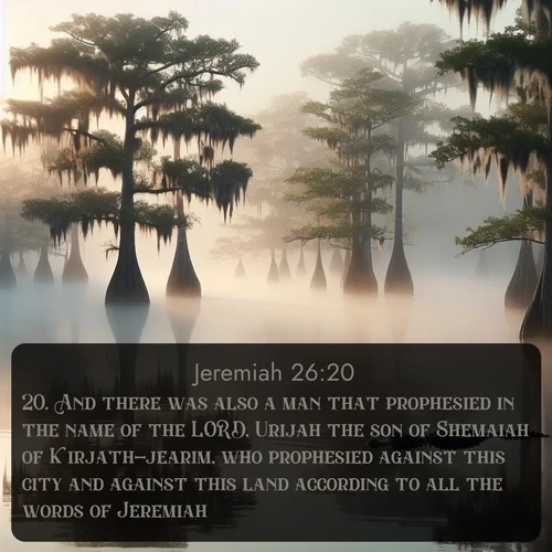 citation biblique : 20. And there was also a man that prophesied in the name of the LORD, Urijah the son of Shemaiah of Kirjath-jearim, who prophesied against this city and against this land according to all the words of Jeremiah:
 sur fond image nature
