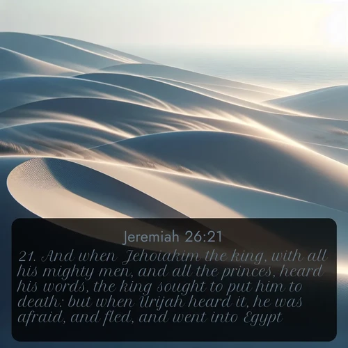citation biblique : 21. And when Jehoiakim the king, with all his mighty men, and all the princes, heard his words, the king sought to put him to death: but when Urijah heard it, he was afraid, and fled, and went into Egypt;
 sur fond image nature