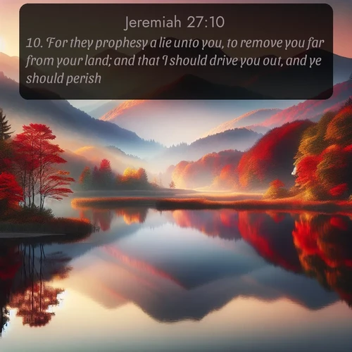 citation biblique : 10. For they prophesy a lie unto you, to remove you far from your land; and that I should drive you out, and ye should perish.
 sur fond image nature
