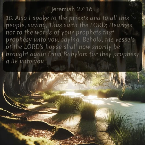 citation biblique : 16. Also I spake to the priests and to all this people, saying, Thus saith the LORD; Hearken not to the words of your prophets that prophesy unto you, saying, Behold, the vessels of the LORD&#039;s house shall now shortly be brought again from Babylon: for they prophesy a lie unto you.
 sur fond image nature