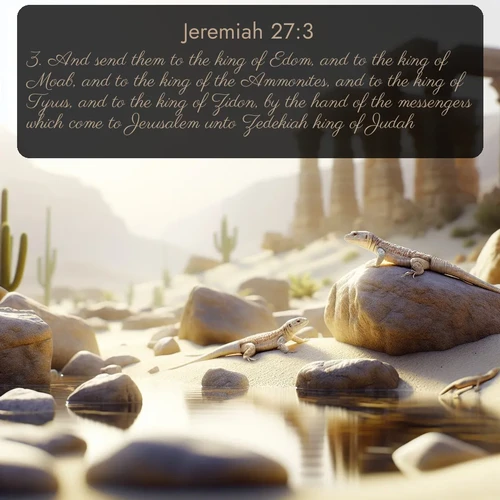 citation biblique : 3. And send them to the king of Edom, and to the king of Moab, and to the king of the Ammonites, and to the king of Tyrus, and to the king of Zidon, by the hand of the messengers which come to Jerusalem unto Zedekiah king of Judah;
 sur fond image nature