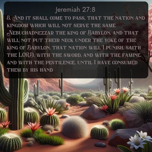 KJV Jeremiah  ; image nature: image with the bible verse :And it shall come to pass, that the nation and kingdom which will not serve the same Nebuchadnezzar the king of Babylon, and that will not put their neck under the yoke of the king of Babylon, that nation will I punish, saith the LORD, with the sword, and with the famine, and with the pestilence, until I have consumed them by his hand. ; Browse a large collection of Bible verse images with photos showcasing the splendor of nature. Scenes of peaceful rivers, verdant valleys, and radiant skies enhance the inspiring verses. Each image reflects the serenity and joy of God&#039;s creation, with elegant text fonts. Download and share verses such as KJV Jeremiah 27:8. Current verse is overlayed with the thematic nature scene : Desert cacti burst with spring blooms against red sandstone formations. ; 27:8