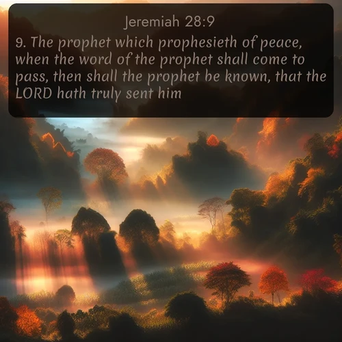 citation biblique : 9. The prophet which prophesieth of peace, when the word of the prophet shall come to pass, then shall the prophet be known, that the LORD hath truly sent him.
 sur fond image nature