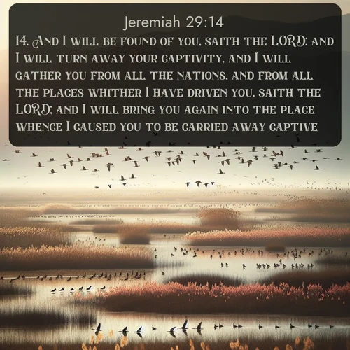 citation biblique : 14. And I will be found of you, saith the LORD: and I will turn away your captivity, and I will gather you from all the nations, and from all the places whither I have driven you, saith the LORD; and I will bring you again into the place whence I caused you to be carried away captive.
 sur fond image nature