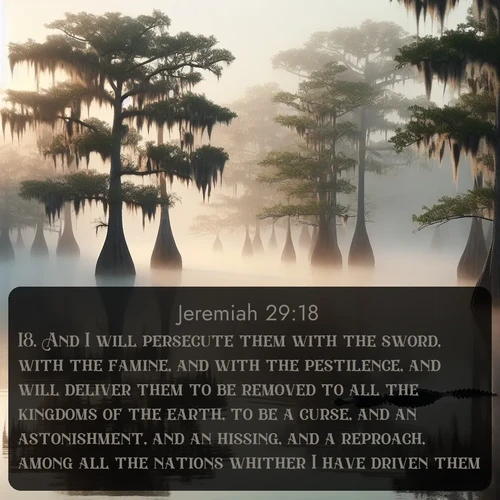 citation biblique : 18. And I will persecute them with the sword, with the famine, and with the pestilence, and will deliver them to be removed to all the kingdoms of the earth, to be a curse, and an astonishment, and an hissing, and a reproach, among all the nations whither I have driven them:
 sur fond image nature