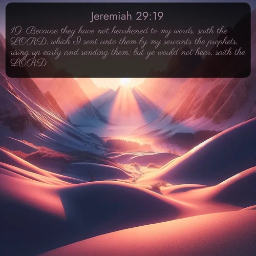 citation biblique : 19. Because they have not hearkened to my words, saith the LORD, which I sent unto them by my servants the prophets, rising up early and sending them; but ye would not hear, saith the LORD.
 sur fond image nature