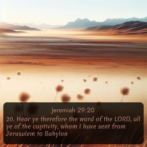 citation biblique : 20. Hear ye therefore the word of the LORD, all ye of the captivity, whom I have sent from Jerusalem to Babylon:
 sur fond image nature