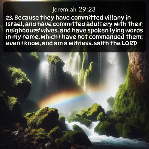 citation biblique : 23. Because they have committed villany in Israel, and have committed adultery with their neighbours&#039; wives, and have spoken lying words in my name, which I have not commanded them; even I know, and am a witness, saith the LORD.
 sur fond image nature