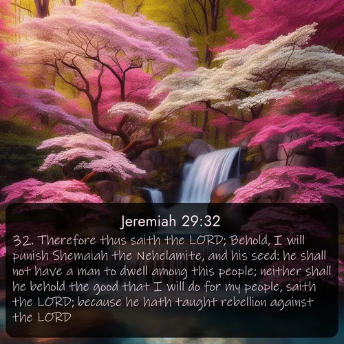 citation biblique : 32. Therefore thus saith the LORD; Behold, I will punish Shemaiah the Nehelamite, and his seed: he shall not have a man to dwell among this people; neither shall he behold the good that I will do for my people, saith the LORD; because he hath taught rebellion against the LORD.
 sur fond image nature