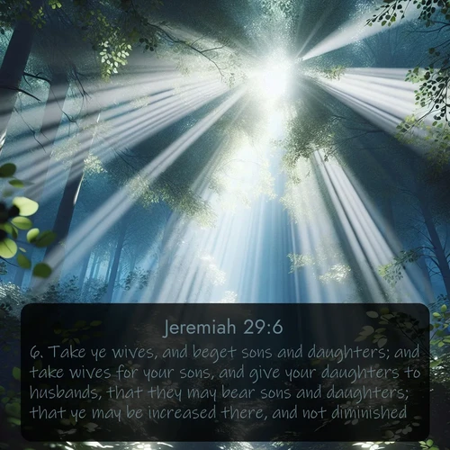 citation biblique : 6. Take ye wives, and beget sons and daughters; and take wives for your sons, and give your daughters to husbands, that they may bear sons and daughters; that ye may be increased there, and not diminished.
 sur fond image nature