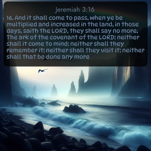 KJV Jeremiah 3:16 overlaying nature image scene: Ocean waves crash against volcanic cliffs as seabirds wheel overhead, creating momentary rainbows.;16. And it shall come to pass, when ye be multiplied and increased in the land, in those days, saith the LORD, they shall say no more, The ark of the covenant of the LORD: neither shall it come to mind: neither shall they remember it; neither shall they visit it; neither shall that be done any more.