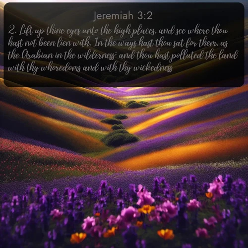 citation biblique : 2. Lift up thine eyes unto the high places, and see where thou hast not been lien with. In the ways hast thou sat for them, as the Arabian in the wilderness; and thou hast polluted the land with thy whoredoms and with thy wickedness.
 sur fond image nature