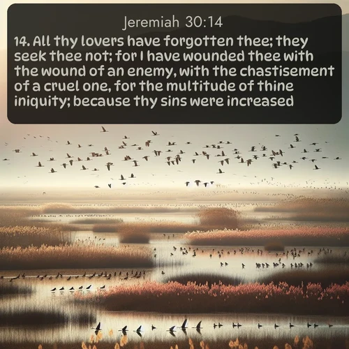 citation biblique : 14. All thy lovers have forgotten thee; they seek thee not; for I have wounded thee with the wound of an enemy, with the chastisement of a cruel one, for the multitude of thine iniquity; because thy sins were increased.
 sur fond image nature