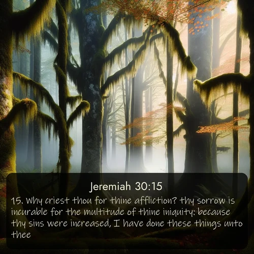 KJV Jeremiah  ; image nature: image with the bible verse :Why criest thou for thine affliction? thy sorrow is incurable for the multitude of thine iniquity: because thy sins were increased, I have done these things unto thee. ; Admire our gallery of Bible verse images showcasing divine beauty in nature—whether snowy peaks or serene oceans. Each image is freely downloadable and perfect for personal or spiritual use. Share verses like KJV Jeremiah 30:15. Current verse is overlayed with the thematic nature scene : Autumn fog shrouds an old-growth forest draped in moss and lichen. ; 30:15